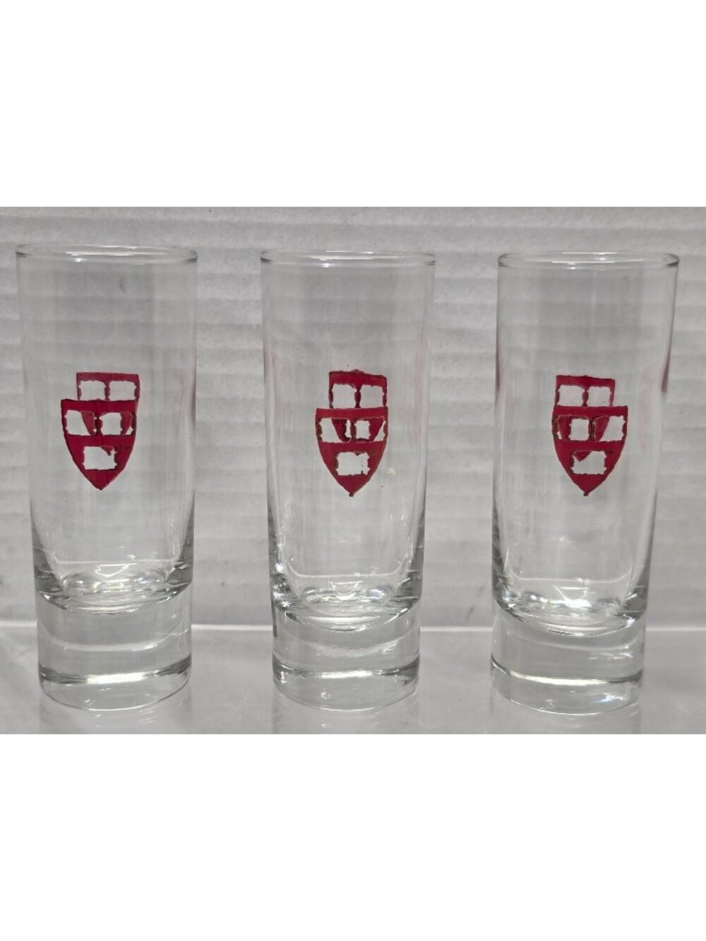 Vintage Harvard Veritas Shield Shot Glasses Set of 3 Clear Red Crest 4"